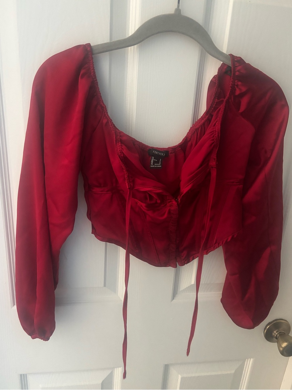 Forever 21 Red Satin Puff-Sleeve Tie-Front Crop Top